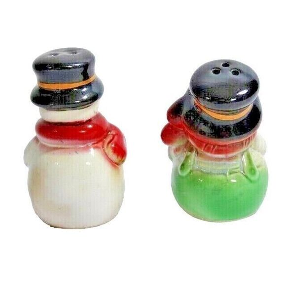 Retro Snowman with Hat Salt and Pepper Shakers Holiday Stoneware Kitchen Gift - Picture 3 of 5